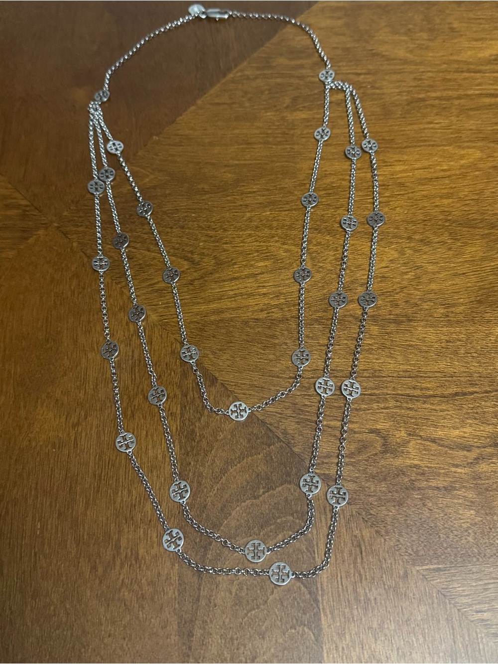 Tory Burch Silver Multi-Strand Logo Disc Necklace